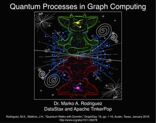 Quantum Processes in Graph Computing
Dr. Marko A. Rodriguez
DataStax and Apache TinkerPop
Rodriguez, M.A., Watkins, J.H., "Quantum Walks with Gremlin," GraphDay '16, pp. 1-16, Austin, Texas, January 2016.
http://arxiv.org/abs/1511.06278
 