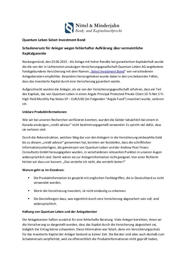 Quantum Leben Select Investment Bond Schadenersatz