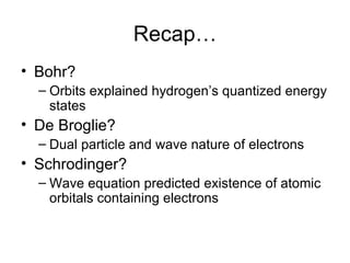 Recap… Bohr? Orbits explained hydrogen’s quantized energy states De Broglie? Dual particle and wave nature of electrons Schrodinger? Wave equation predicted existence of atomic orbitals containing electrons 