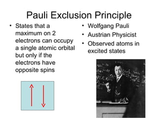 Pauli Exclusion Principle States that a maximum on 2 electrons can occupy a single atomic orbital but only if the electrons have opposite spins Wolfgang Pauli Austrian Physicist Observed atoms in excited states 