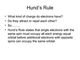 Hund’s Rule What kind of charge do electrons have? Do they attract or repel each other? So…….. Hund’s Rule states that single electrons with the same spin must occupy all each energy equal orbital before additional electrons with opposite spins can occupy the same orbital 