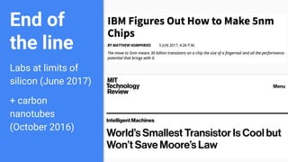 End of
the line
Labs at limits of
silicon (June 2017)
+ carbon
nanotubes
(October 2016)
 