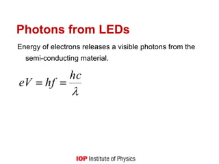 Photons from LEDs
Energy of electrons releases a visible photons from the
semi-conducting material.

hc
hf
eV 

 