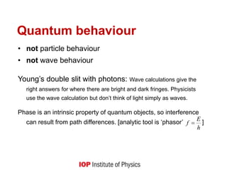Quantum behaviour
• not particle behaviour
• not wave behaviour
Young’s double slit with photons: Wave calculations give the
right answers for where there are bright and dark fringes. Physicists
use the wave calculation but don’t think of light simply as waves.
Phase is an intrinsic property of quantum objects, so interference
can result from path differences. [analytic tool is ‘phasor’ ]
h
E
f 
 