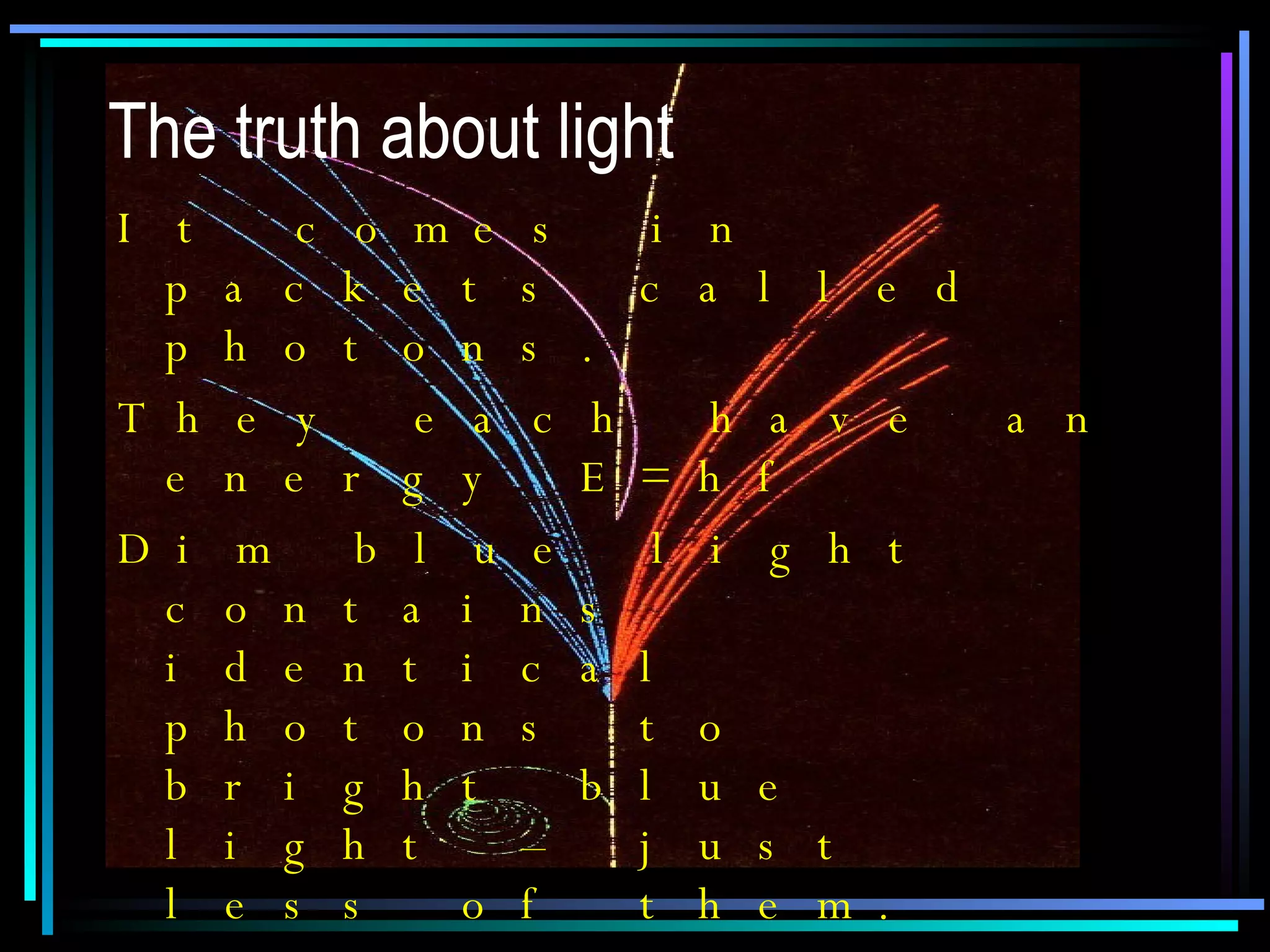 The truth about light It comes in packets called photons. They each have an energy E=hf Dim blue light contains  identical photons to bright blue light – just less of them. We can never know the route a photon will take we can only calculate probabilities. QUANTUM THEORY RECONCILES THESE FACTS WITH THE OBSERVED WAVE LIKE BEHAVIOUR OF LIGHT e.g. INTERFERENCE, DIFFRACTION …. 