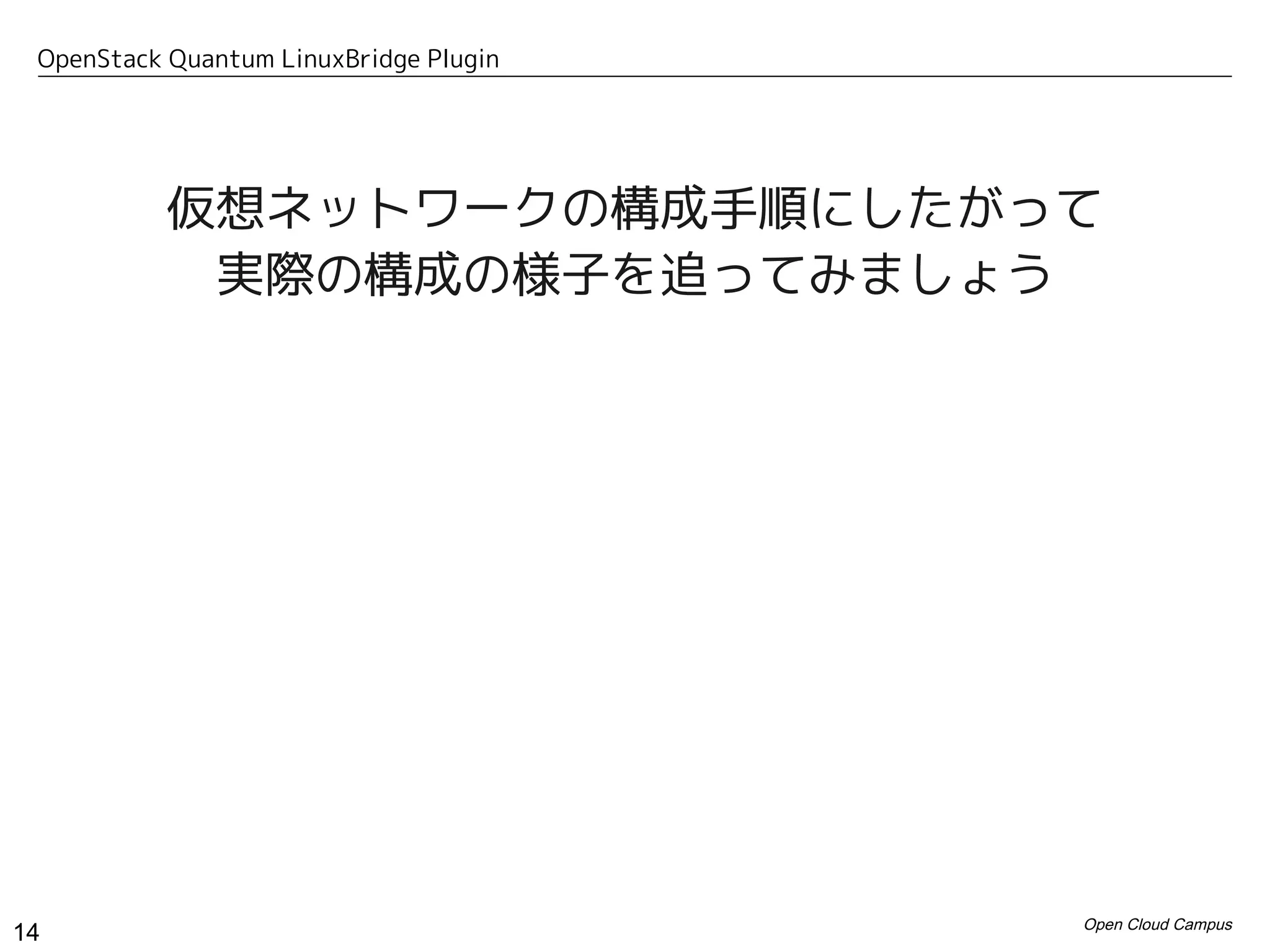 OpenStack Quantum LinuxBridge Plugin




           仮想ネットワークの構成手順にしたがって
            実際の構成の様子を追ってみましょう




                                        Open Cloud Campus
14
 