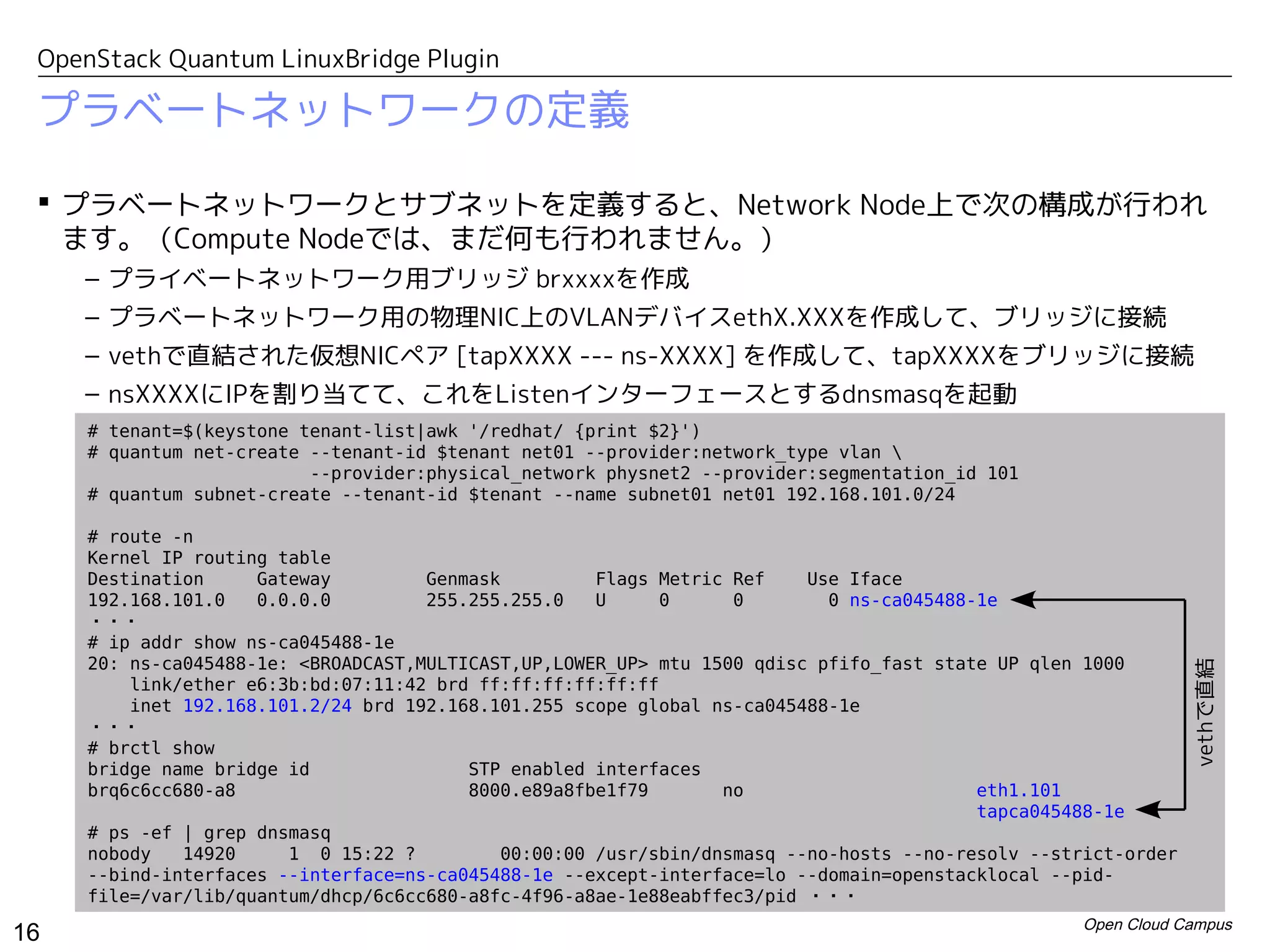 OpenStack Quantum LinuxBridge Plugin

 プラベートネットワークの定義

  プラベートネットワークとサブネットを定義すると、Network Node上で次の構成が行われ
   ます。（Compute Nodeでは、まだ何も行われません。）
     – プライベートネットワーク用ブリッジ brxxxxを作成
     – プラベートネットワーク用の物理NIC上のVLANデバイスethX.XXXを作成して、ブリッジに接続
     – vethで直結された仮想NICペア [tapXXXX --- ns-XXXX] を作成して、tapXXXXをブリッジに接続
     – nsXXXXにIPを割り当てて、これをListenインターフェースとするdnsmasqを起動
     # tenant=$(keystone tenant-list|awk '/redhat/ {print $2}')
     # quantum net-create --tenant-id $tenant net01 --provider:network_type vlan 
                          --provider:physical_network physnet2 --provider:segmentation_id 101
     # quantum subnet-create --tenant-id $tenant --name subnet01 net01 192.168.101.0/24

     # route -n
     Kernel IP routing table
     Destination     Gateway         Genmask         Flags Metric Ref    Use Iface
     192.168.101.0   0.0.0.0         255.255.255.0   U     0      0        0 ns-ca045488-1e
     ・・・
     # ip addr show ns-ca045488-1e
     20: ns-ca045488-1e: <BROADCAST,MULTICAST,UP,LOWER_UP> mtu 1500 qdisc pfifo_fast state UP qlen 1000




                                                                                                               vethで直結
         link/ether e6:3b:bd:07:11:42 brd ff:ff:ff:ff:ff:ff
         inet 192.168.101.2/24 brd 192.168.101.255 scope global ns-ca045488-1e
     ・・・
     # brctl show
     bridge name bridge id               STP enabled interfaces
     brq6c6cc680-a8                      8000.e89a8fbe1f79       no                      eth1.101
                                                                                         tapca045488-1e
     # ps -ef | grep dnsmasq
     nobody   14920     1 0 15:22 ?         00:00:00 /usr/sbin/dnsmasq --no-hosts --no-resolv --strict-order
     --bind-interfaces --interface=ns-ca045488-1e --except-interface=lo --domain=openstacklocal --pid-
     file=/var/lib/quantum/dhcp/6c6cc680-a8fc-4f96-a8ae-1e88eabffec3/pid ・・・
                                                                                                   Open Cloud Campus
16
 