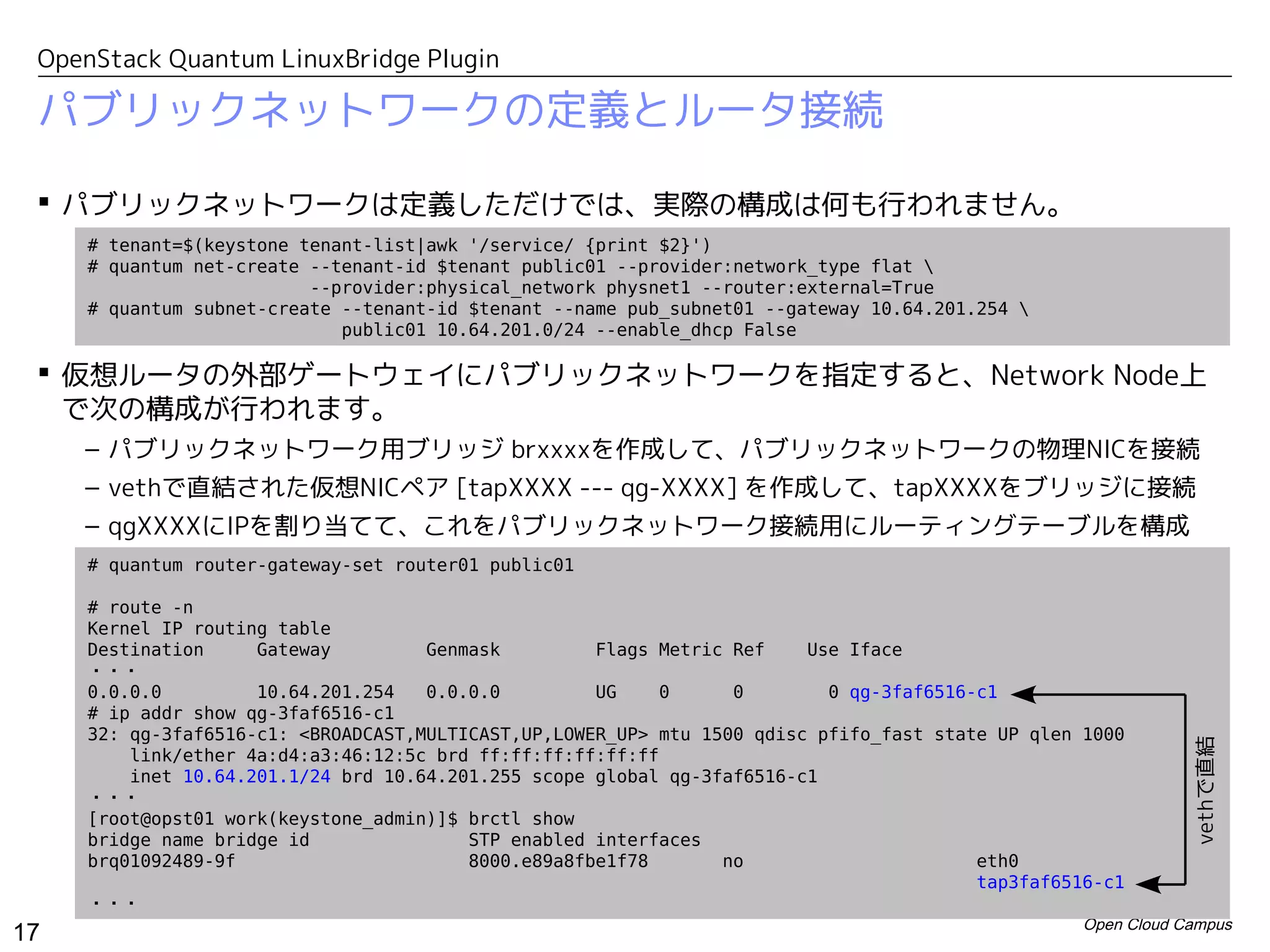 OpenStack Quantum LinuxBridge Plugin

 パブリックネットワークの定義とルータ接続

  パブリックネットワークは定義しただけでは、実際の構成は何も行われません。
     # tenant=$(keystone tenant-list|awk '/service/ {print $2}')
     # quantum net-create --tenant-id $tenant public01 --provider:network_type flat 
                          --provider:physical_network physnet1 --router:external=True
     # quantum subnet-create --tenant-id $tenant --name pub_subnet01 --gateway 10.64.201.254 
                             public01 10.64.201.0/24 --enable_dhcp False

  仮想ルータの外部ゲートウェイにパブリックネットワークを指定すると、Network Node上
   で次の構成が行われます。
     – パブリックネットワーク用ブリッジ brxxxxを作成して、パブリックネットワークの物理NICを接続
     – vethで直結された仮想NICペア [tapXXXX --- qg-XXXX] を作成して、tapXXXXをブリッジに接続
     – qgXXXXにIPを割り当てて、これをパブリックネットワーク接続用にルーティングテーブルを構成
     # quantum router-gateway-set router01 public01

     # route -n
     Kernel IP routing table
     Destination     Gateway         Genmask         Flags Metric Ref    Use Iface
     ・・・
     0.0.0.0         10.64.201.254   0.0.0.0         UG    0      0        0 qg-3faf6516-c1
     # ip addr show qg-3faf6516-c1
     32: qg-3faf6516-c1: <BROADCAST,MULTICAST,UP,LOWER_UP> mtu 1500 qdisc pfifo_fast state UP qlen 1000




                                                                                                               vethで直結
         link/ether 4a:d4:a3:46:12:5c brd ff:ff:ff:ff:ff:ff
         inet 10.64.201.1/24 brd 10.64.201.255 scope global qg-3faf6516-c1
     ・・・
     [root@opst01 work(keystone_admin)]$ brctl show
     bridge name bridge id               STP enabled interfaces
     brq01092489-9f                      8000.e89a8fbe1f78       no                      eth0
                                                                                         tap3faf6516-c1
     ・・・
                                                                                                   Open Cloud Campus
17
 