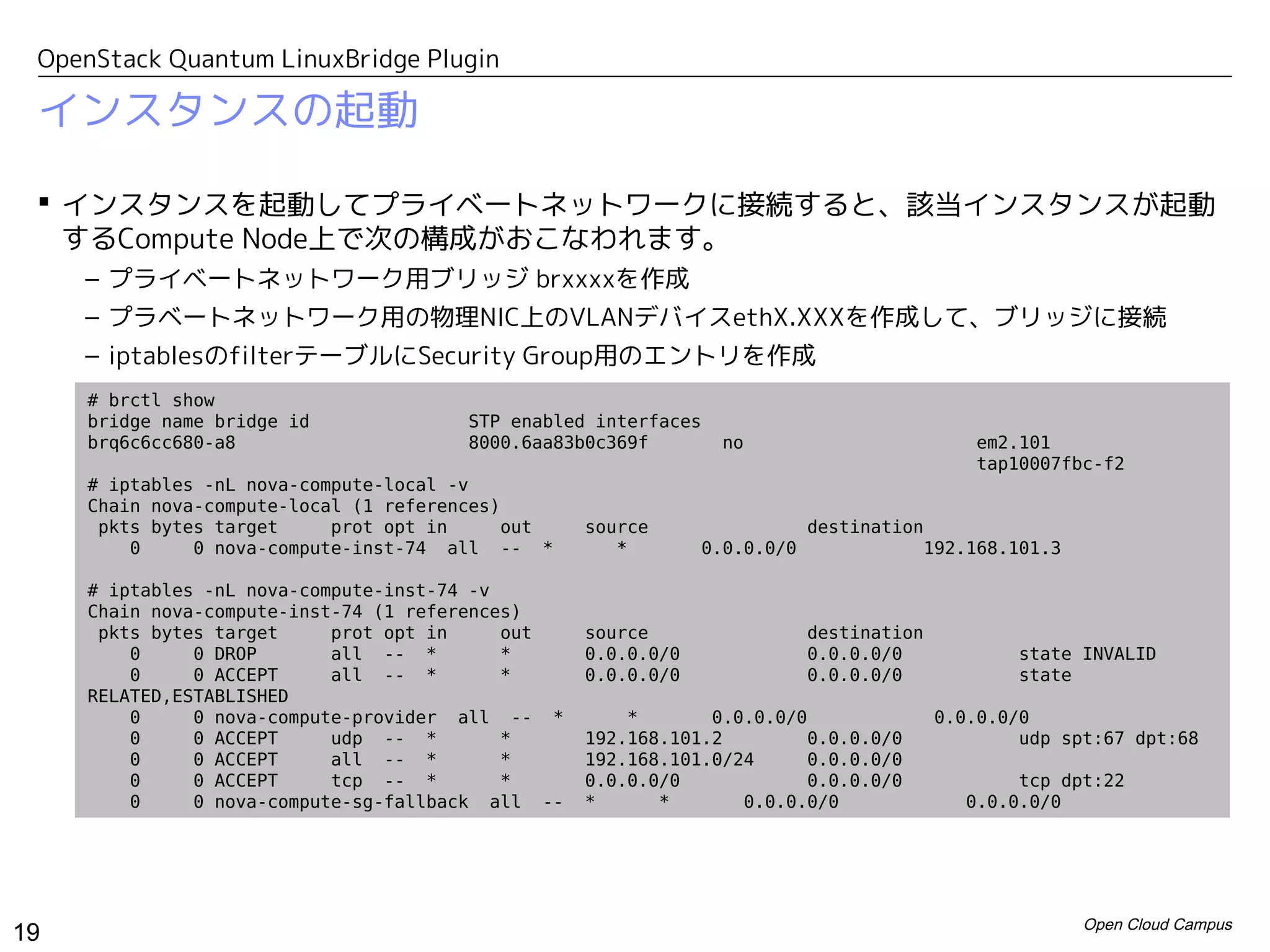 OpenStack Quantum LinuxBridge Plugin

 インスタンスの起動

  インスタンスを起動してプライベートネットワークに接続すると、該当インスタンスが起動
   するCompute Node上で次の構成がおこなわれます。
     – プライベートネットワーク用ブリッジ brxxxxを作成
     – プラベートネットワーク用の物理NIC上のVLANデバイスethX.XXXを作成して、ブリッジに接続
     – iptablesのfilterテーブルにdnsmasq接続/同一サブネット接続/Security Group用のエントリを作成
     – Nova Computeが作成した仮想マシンのtapデバイスをブリッジに接続

     # brctl show
     bridge name bridge id             STP enabled interfaces
     brq6c6cc680-a8                    8000.6aa83b0c369f        no                          eth1.101
                                                                                            tap10007fbc-f2
     # iptables -nL nova-compute-local -v
     Chain nova-compute-local (1 references)
      pkts bytes target     prot opt in     out    source                  destination
         0     0 nova-compute-inst-74 all -- *        *        0.0.0.0/0              192.168.101.3

     # iptables -nL nova-compute-inst-74 -v
     Chain nova-compute-inst-74 (1 references)
      pkts bytes target     prot opt in     out    source                  destination
         0     0 DROP       all -- *        *      0.0.0.0/0               0.0.0.0/0            state INVALID
         0     0 ACCEPT     all -- *        *      0.0.0.0/0               0.0.0.0/0            state
     RELATED,ESTABLISHED
         0     0 nova-compute-provider all -- *        *       0.0.0.0/0                 0.0.0.0/0
         0     0 ACCEPT     udp -- *        *      192.168.101.2        0.0.0.0/0                udp spt:67 dpt:68
         0     0 ACCEPT     all -- *        *      192.168.101.0/24     0.0.0.0/0
         0     0 ACCEPT     tcp -- *        *      0.0.0.0/0            0.0.0.0/0               tcp dpt:22
         0     0 nova-compute-sg-fallback all --   *      *       0.0.0.0/0                0.0.0.0/0



                                                                                                       Open Cloud Campus
19
 