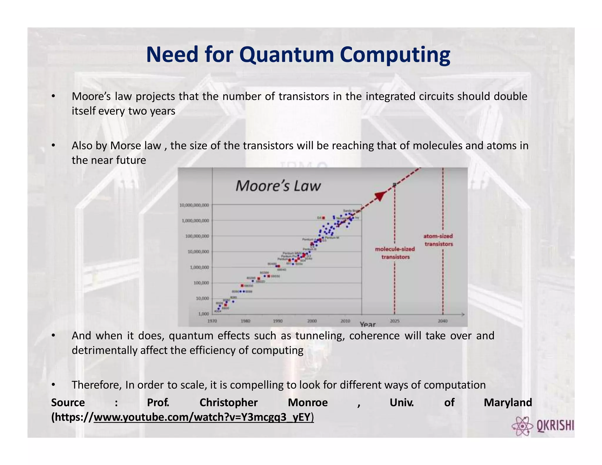 • Moore’s law projects that the number of transistors in the integrated circuits should double
itself every two years
• Also by Morse law , the size of the transistors will be reaching that of molecules and atoms in
the near future
• And when it does, quantum effects such as tunneling, coherence will take over and
detrimentally affect the efficiency of computing
• Therefore, In order to scale, it is compelling to look for different ways of computation
Source : Prof. Christopher Monroe , Univ. of Maryland
(https://www.youtube.com/watch?v=Y3mcgq3_yEY)
Need for Quantum Computing
 