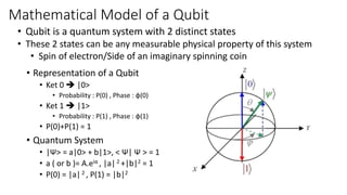 Mathematical Model of a Qubit
• Representation of a Qubit
• Ket 0  |0>
• Probability : P(0) , Phase : ɸ(0)
• Ket 1  |1>
• Probability : P(1) , Phase : ɸ(1)
• P(0)+P(1) = 1
• Quantum System
• |Ψ> = a|0> + b|1>, < Ψ| Ψ > = 1
• a ( or b )= A.eiα , |a|2 +|b|2 = 1
• P(0) = |a|2 , P(1) = |b|2
• Qubit is a quantum system with 2 distinct states
• These 2 states can be any measurable physical property of this system
• Spin of electron/Side of an imaginary spinning coin
 