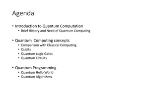 Agenda
• Introduction to Quantum Computation
• Brief History and Need of Quantum Computing
• Quantum Computing concepts
• Comparison with Classical Computing
• Qubits
• Quantum Logic Gates
• Quantum Circuits
• Quantum Programming
• Quantum Hello World
• Quantum Algorithms
 