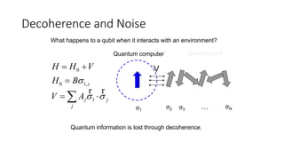Decoherence and Noise
What happens to a qubit when it interacts with an environment?
0
0 1,
1
z
j j
j
H H V
H B
V A

 
 

 
r r
Quantum computer Environment
V
Quantum information is lost through decoherence.
σ1
σ2 σ3
σN…
 