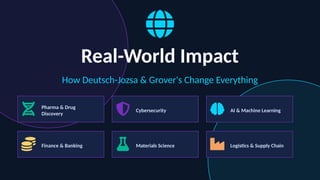 Real-World Impact
How Deutsch-Jozsa & Grover's Change Everything
Pharma & Drug
Discovery
Cybersecurity AI & Machine Learning
Finance & Banking Materials Science Logistics & Supply Chain
 