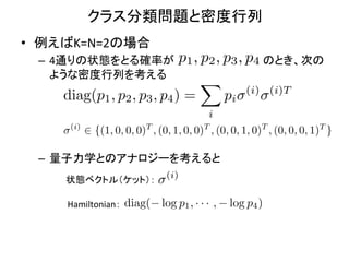 クラス分類問題と密度行列	
•  例えばK=N=2の場合	
  
  –  4通りの状態をとる確率が            p1 , p2 , p3 , p4 のとき、次の
     ような密度行列を考える	
  
                                  X
     diag(p1 , p2 , p3 , p4 ) =        pi (i) (i)T
                                             i
      (i)
            2 {(1, 0, 0, 0)T , (0, 1, 0, 0)T , (0, 0, 1, 0)T , (0, 0, 0, 1)T }

  –  量子力学とのアナロジーを考えると	
  
                                 (i)
      状態ベクトル（ケット）：	

      Hamiltonian：	
diag(       log p1 , · · · ,   log p4 )
 