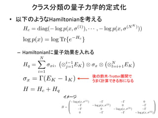 クラス分類の量子力学的定式化	
•  以下のようなHamiltonianを考える	
  
                              (1)                                                 (N K )
    Hc = diag( log p(x,               ), · · · ,             log p(x,                       ))
                            Hc
    log p(x) = log Tr{e            }

  –  Hamiltonianに量子効果を入れる	
  
           N
           X
    Hq =         xi , ⌦ i 1 EK ⌦
                        j=1                       x   ⌦ ⌦N
                                                         l=i+1 EK
           i=1
                                                 後の鈴木-­‐Tro9er展開で	
  
     x   = (EK        1K )                       うまく計算できる形になる	

    H = Hc + Hq
                     イメージ	
                       0               (1)
                                                                                                                 1
                           log p(x,          )                                                   0
                       B                          log p(x,   (2)
                                                                   )        0                                    C
                     H=B
                       @                                                          (3)
                                                                                                                 C
                                                                                                                 A
                                                       0               log p(x,         )
                                                                                                       (4)
                               0                                                            log p(x,         )
 
