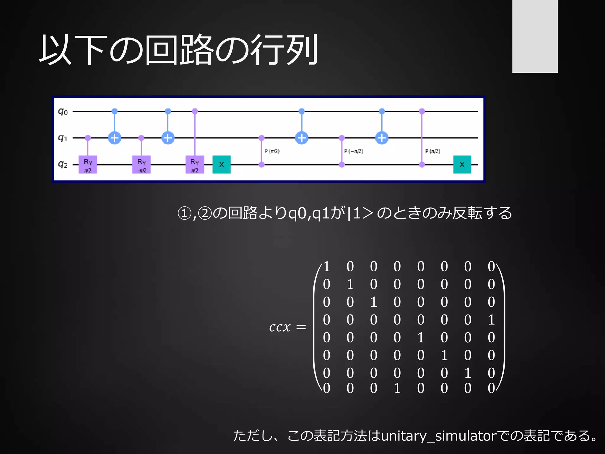 以下の回路の行列
𝑐𝑐𝑥 =
1
0
0
0
0
0
0
0
1
0
0
0
0
0
0 0
0
0
1
0
0
0
0
0
0
0
0
0
0
0
0 1
0
0
0
0
1
0
0
0
0
0
0
0
1
0
0 0
0
0
0
0
0
0
1
0
0
0
1
0
0
0
0 0
ただし、この表記方法はunitary_simulatorでの表記である。
①,②の回路よりq0,q1が|1＞のときのみ反転する
 
