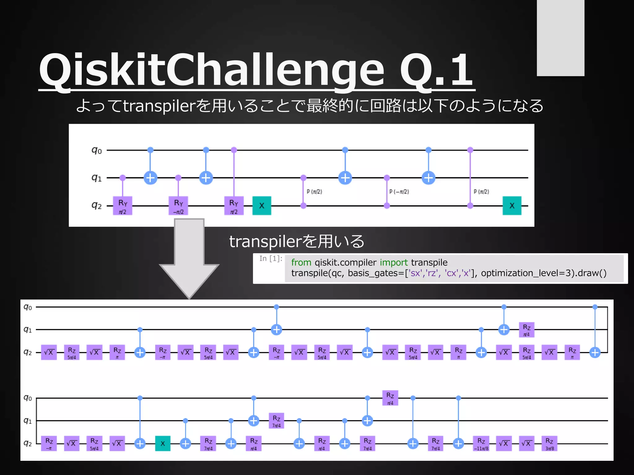 よってtranspilerを用いることで最終的に回路は以下のようになる
QiskitChallenge Q.1
transpilerを用いる
In [1]:
from qiskit.compiler import transpile
transpile(qc, basis_gates=['sx','rz', 'cx','x'], optimization_level=3).draw()
 