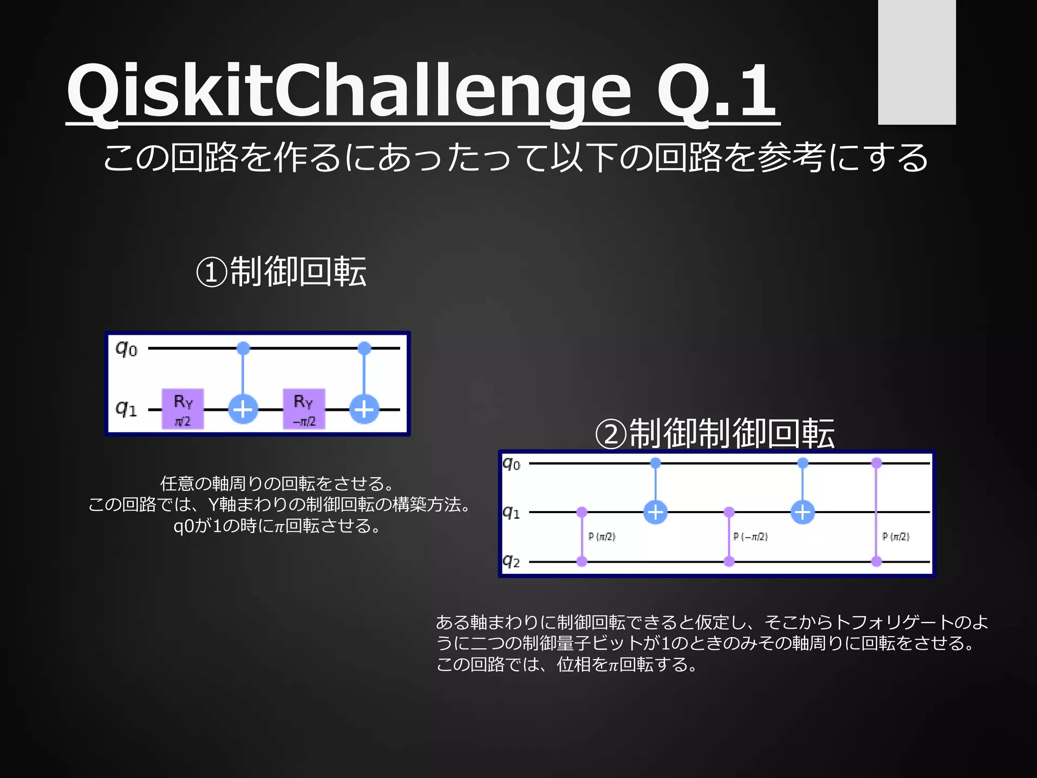 QiskitChallenge Q.1
この回路を作るにあったって以下の回路を参考にする
①制御回転
任意の軸周りの回転をさせる。
この回路では、Y軸まわりの制御回転の構築方法。
q0が1の時に𝜋回転させる。
②制御制御回転
ある軸まわりに制御回転できると仮定し、そこからトフォリゲートのよ
うに二つの制御量子ビットが1のときのみその軸周りに回転をさせる。
この回路では、位相を𝜋回転する。
 