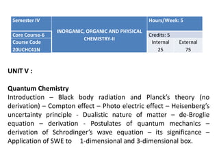 Semester IV
INORGANIC, ORGANIC AND PHYSICAL
CHEMISTRY-II
Hours/Week: 5
Core Course-6 Credits: 5
Course Code
20UCHC41N
Internal
25
External
75
UNIT V :
Quantum Chemistry
Introduction – Black body radiation and Planck’s theory (no
derivation) – Compton effect – Photo electric effect – Heisenberg’s
uncertainty principle - Dualistic nature of matter – de-Broglie
equation – derivation - Postulates of quantum mechanics –
derivation of Schrodinger’s wave equation – its significance –
Application of SWE to 1-dimensional and 3-dimensional box.
 