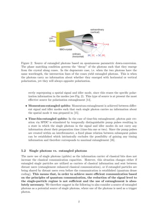 Figure 2: Source of entangled photons based on spontaneous parametric down-conversion.
The phase matching condition governs the “decay” of the photons such that they emerge
from the crystal along cones. In the degenerate case, i.e. when the two photons have the
same wavelength, the intersection lines of the cones yield entangled photons. This is when
the photons carry no information about whether they emerged with horizontal or vertical
polarization, yet they will always opposite polarization.



      rectly superposing a spatial signal and idler mode, since this erases the speciﬁc polar-
      ization information in the modes (see Fig. 2). This type of source is at present the most
      eﬀective source for polarization entanglement [14].

   • Momentum-entangled qubits: Momentum-entanglement is achieved between diﬀer-
     ent signal and idler modes such that each single photon carries no information about
     the spatial mode it was prepared in [15].

   • Time-bin-entangled qubits: In the case of time-bin entanglement, photon pair cre-
     ation via SPDC is stimulated by temporally distinguishable pump pulses resulting in
     a state in which the single photons in the signal and idler modes do not carry any
     information about their preparation time (time-bin one or two). Since the pump pulses
     are created within an interferometer, a ﬁxed phase relation between subsequent pulses
     can be established which intrinsically excludes the possibility of gaining any timing
     information and therefore corresponds to maximal entanglement [16].


5.2   Single photons vs. entangled photons
The mere use of single photons (qubits) as the information carrier of classical bits does not
increase the classical communication capacities. However, this situation changes either if
entangled single particles are utilized as carriers of classical information and sent between
distant users (entanglement enhanced classical communication), or if entangled particles are
being shared by distant users even before the communication is established (quantum dense
coding). This means that, in order to achieve more eﬃcient communication based
on the principles of quantum communication, the reduction of the signal level to
the single-particle regime is not suﬃcient and the use of entanglement is abso-
lutely necessary. We therefore suggest in the following to also consider a source of entangled
photons as a potential source of single photons, where one of the photons is used as a trigger
photon.


                                              7
 