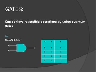 GATES:
Can achieve reversible operations by using quantum
gates

Ex.

The AND Gate
                        A   B     C


                        0   0     0

                        0   1     0

                        1   0     0

                        1   1     1
 