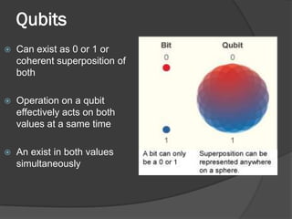 Qubits
   Can exist as 0 or 1 or
    coherent superposition of
    both

   Operation on a qubit
    effectively acts on both
    values at a same time

   An exist in both values
    simultaneously
 