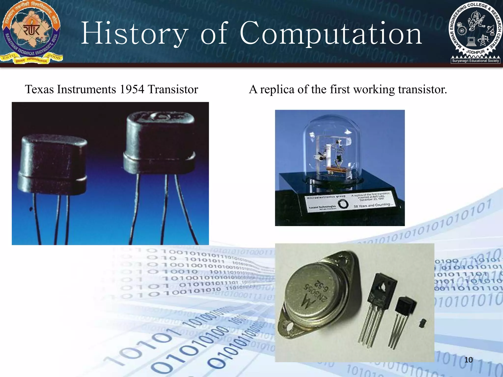 1010
Texas Instruments 1954 Transistor
History of Computation
A replica of the first working transistor.
 