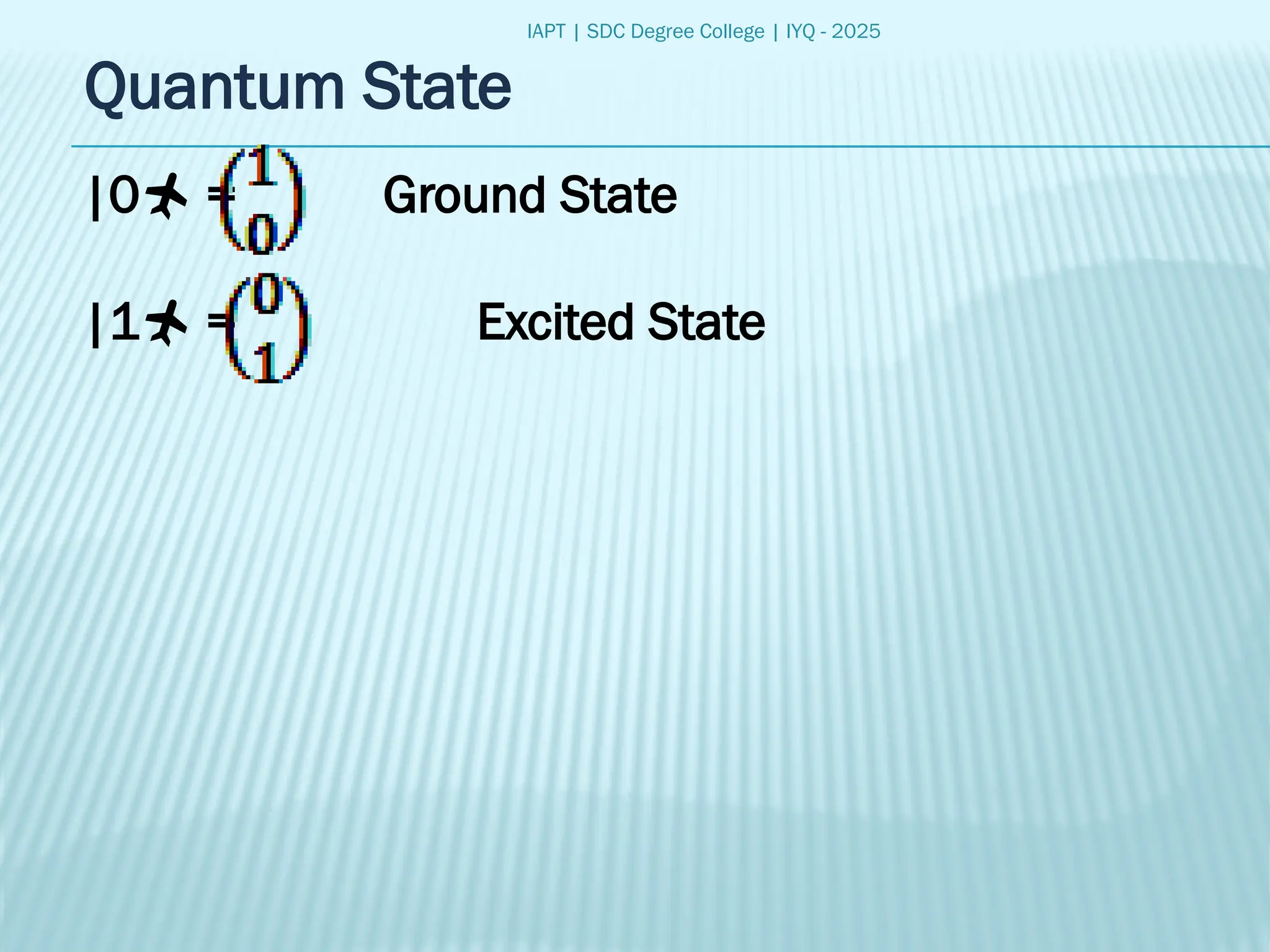 IAPT | SDC Degree College | IYQ - 2025
|0 = Ground State
|1 = Excited State
Quantum State
 