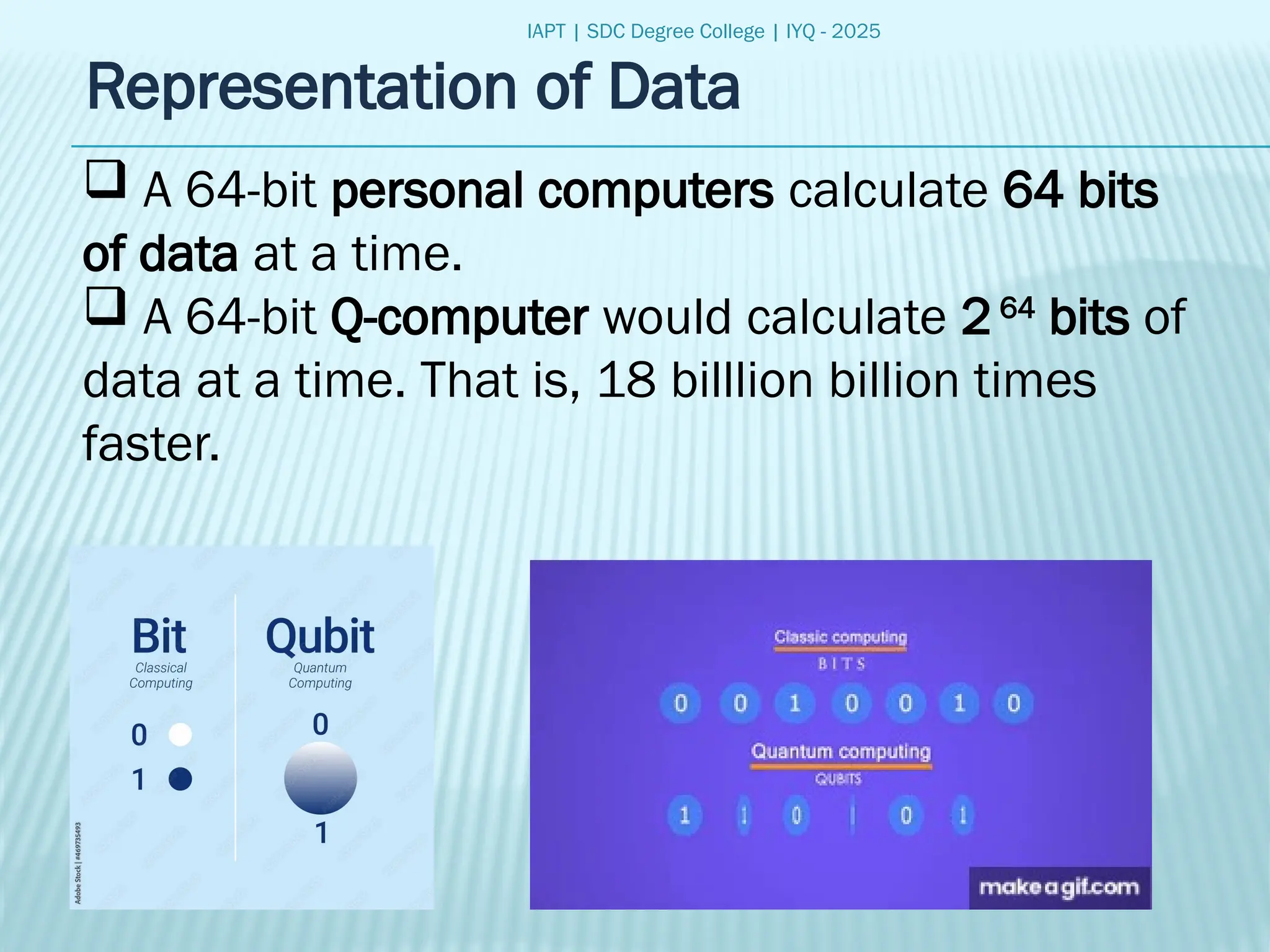 IAPT | SDC Degree College | IYQ - 2025
Representation of Data
 A 64-bit personal computers calculate 64 bits
of data at a time.
 A 64-bit Q-computer would calculate 264
bits of
data at a time. That is, 18 billlion billion times
faster.
 