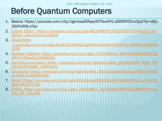 IAPT | SDC Degree College | IYQ - 2025
Before Quantum Computers
1. Basics: https://youtube.com/clip/UgkxksaEMqeyX5Tlsu4iYLuS9fGPl2CnxQa2?si=dQc-
35OTxR9Lm5yi
2. Edison Effect : https://youtube.com/clip/UgkxWE3VW0YFcTFsbdCf0UVTD4Qu91x2Az
Mj?si=_smxJnrbmCymByVX
3. Diode:https
://youtube.com/clip/UgkxNcQCGGJAdQ0yI2gdYp4nellxWwD5StJ0?si=AWDPbcHoNrOc
-5UR
4. Boolean Algebra: https://youtube.com/clip/Ugkx_DhRwXSAzN_Jfk2meW93Djdj1VCEg
JHi?si=f3awClyl2N9WjlKE
5. Switches and Gates: https://youtube.com/clip/Ugkxaoz-pS6e_gjNKw6PpPk_lqPjc_5I7
SQ-?si=fADdsBJ_rW0IUe3o
6. Calculator: https://youtube.com/clip/UgkxNu4Kw_00pxZdzqiwUdGpUqawWENQrPwf?
si=9z4cD-eZKRIF4x8x
7. Relay: https://youtube.com/clip/Ugkx3A0mSaiqs589cB3osM-GA2ddcFrXLS_w?si=Ulc
6pbcdlNu27mQz
8. ENIAC: https://youtube.com/clip/Ugkx_2lo0RzBn7_1pJ4Eh6FwM04ZGIQQ6f9I?si=av
Ppu_3Y_Jbu-p65
 