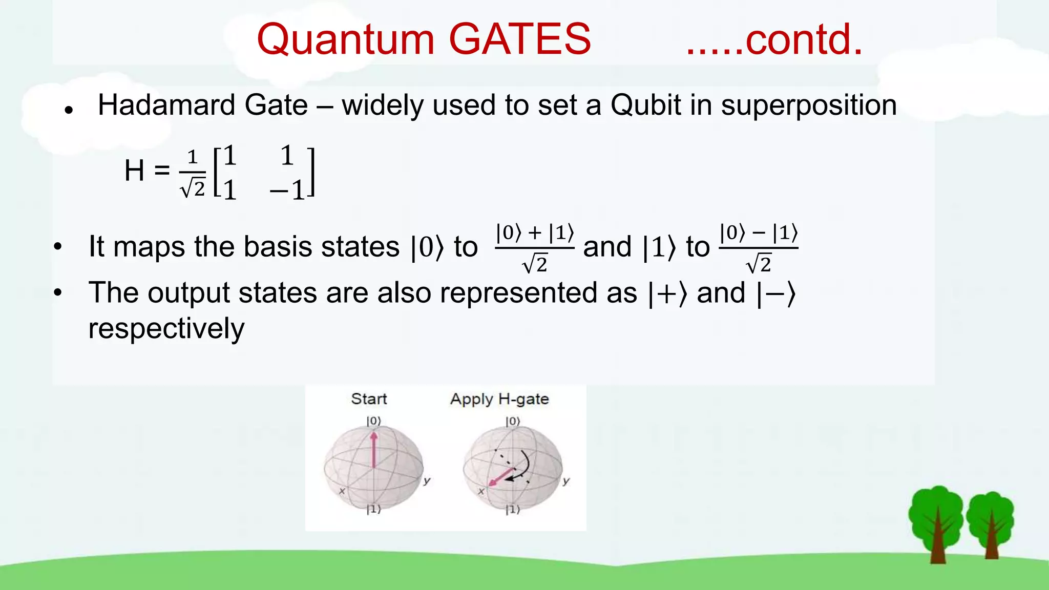 Quantum GATES .....contd.
 Hadamard Gate – widely used to set a Qubit in superposition
H =
1
2
1 1
1 −1
• It maps the basis states |0 to
|0 + |1
2
and |1 to
|0 − |1
2
• The output states are also represented as |+ and |−
respectively
 