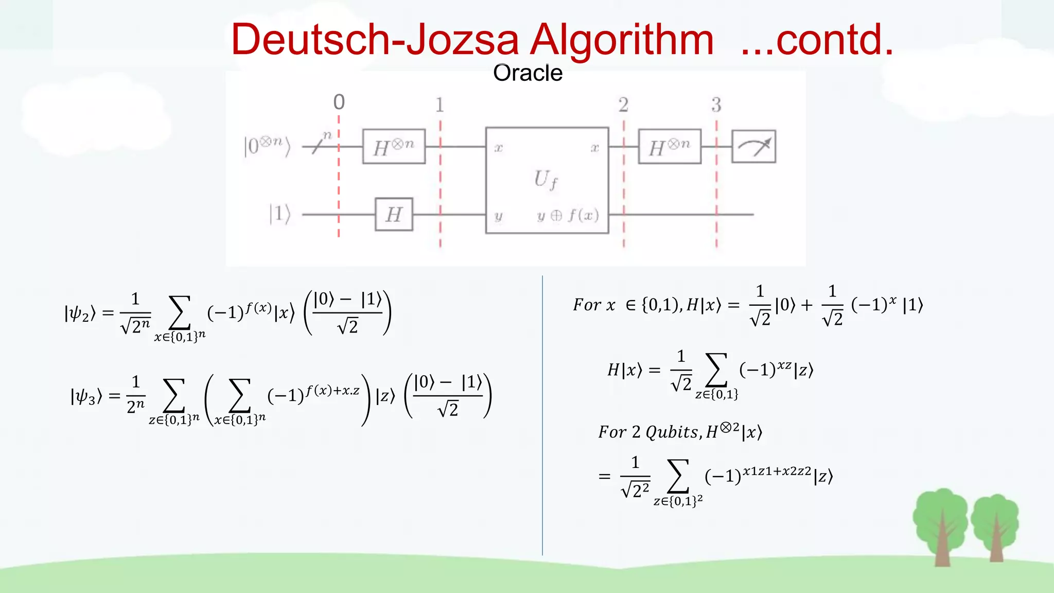 0
Oracle
Deutsch-Jozsa Algorithm ...contd.
|𝜓2 =
1
2𝑛
𝑥∈ 0,1 𝑛
(−1)𝑓(𝑥)
|𝑥
|0 − |1
2
|𝜓3 =
1
2𝑛
𝑧∈ 0,1 𝑛 𝑥∈ 0,1 𝑛
(−1)𝑓 𝑥 +𝑥.𝑧
|𝑧
|0 − |1
2
𝐹𝑜𝑟 𝑥 ∈ 0,1 , 𝐻|𝑥 =
1
2
|0 +
1
2
−1 𝑥
|1
𝐻|𝑥 =
1
2 𝑧∈ 0,1
−1 𝑥𝑧
|𝑧
𝐹𝑜𝑟 2 𝑄𝑢𝑏𝑖𝑡𝑠, 𝐻⊗2|𝑥
=
1
22
𝑧∈{0,1}2
(−1)𝑥1𝑧1+𝑥2𝑧2
|𝑧
 