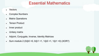Essential Mathematics
 Vectors
 Complex Numbers
 Matrix Operations
 Tensor Product
 Inner product
 Unitary matrix
 Adjoint, Conjugate, Inverse, Identity Matrices
 Sum modulo 2 (0⊕0 =0, 0⊕1 =1, 1⊕0 =1, 1⊕1 =0) (XOR?)
 