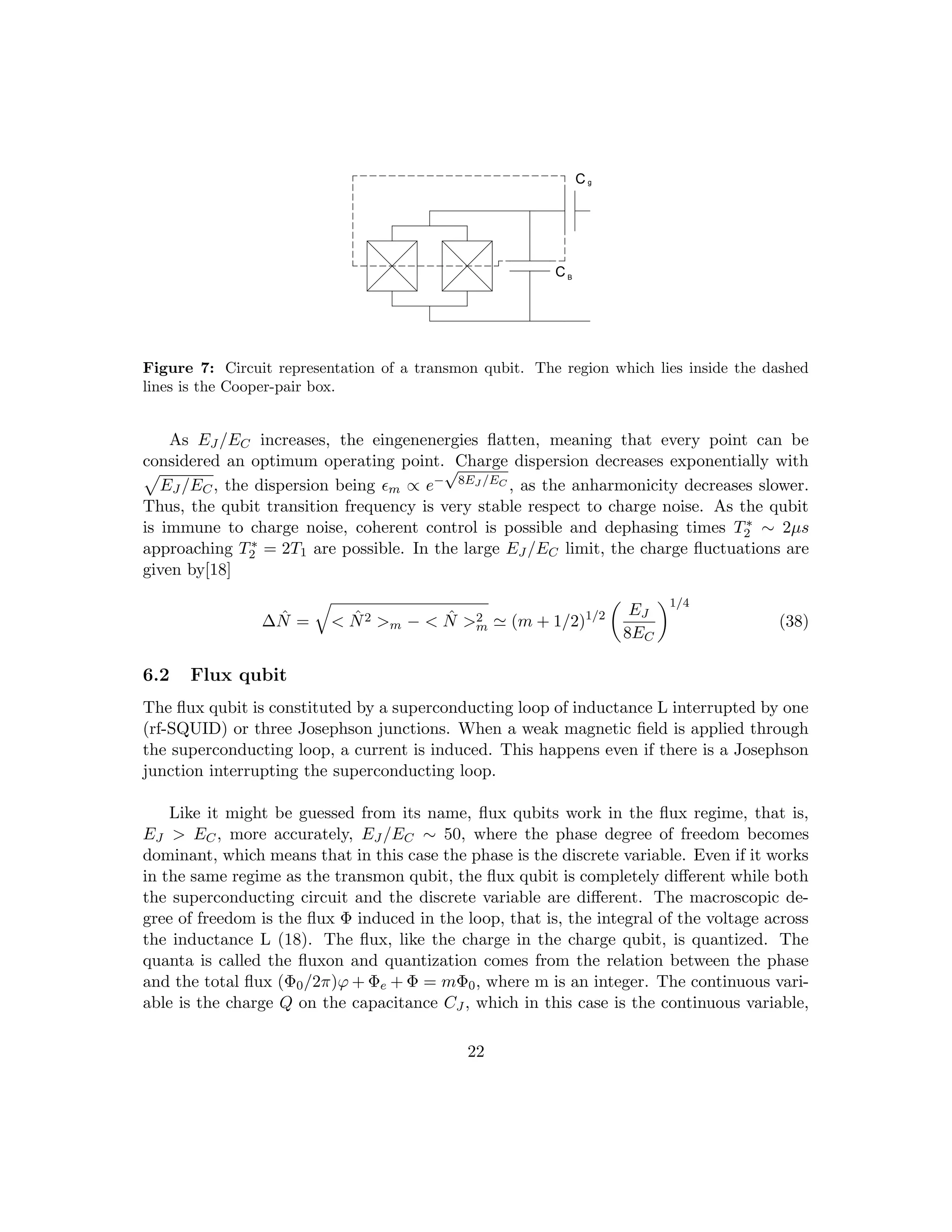 C g
C B
Figure 7: Circuit representation of a transmon qubit. The region which lies inside the dashed
lines is the Cooper-pair box.
As EJ /EC increases, the eingenenergies flatten, meaning that every point can be
considered an optimum operating point. Charge dispersion decreases exponentially with
p
EJ /EC, the dispersion being m ∝ e−
√
8EJ /EC , as the anharmonicity decreases slower.
Thus, the qubit transition frequency is very stable respect to charge noise. As the qubit
is immune to charge noise, coherent control is possible and dephasing times T∗
2 ∼ 2µs
approaching T∗
2 = 2T1 are possible. In the large EJ /EC limit, the charge fluctuations are
given by[18]
∆N̂ =
q
 N̂2 m −  N̂ 2
m ' (m + 1/2)1/2

EJ
8EC
1/4
(38)
6.2 Flux qubit
The flux qubit is constituted by a superconducting loop of inductance L interrupted by one
(rf-SQUID) or three Josephson junctions. When a weak magnetic field is applied through
the superconducting loop, a current is induced. This happens even if there is a Josephson
junction interrupting the superconducting loop.
Like it might be guessed from its name, flux qubits work in the flux regime, that is,
EJ  EC, more accurately, EJ /EC ∼ 50, where the phase degree of freedom becomes
dominant, which means that in this case the phase is the discrete variable. Even if it works
in the same regime as the transmon qubit, the flux qubit is completely different while both
the superconducting circuit and the discrete variable are different. The macroscopic de-
gree of freedom is the flux Φ induced in the loop, that is, the integral of the voltage across
the inductance L (18). The flux, like the charge in the charge qubit, is quantized. The
quanta is called the fluxon and quantization comes from the relation between the phase
and the total flux (Φ0/2π)ϕ + Φe + Φ = mΦ0, where m is an integer. The continuous vari-
able is the charge Q on the capacitance CJ , which in this case is the continuous variable,
22
 