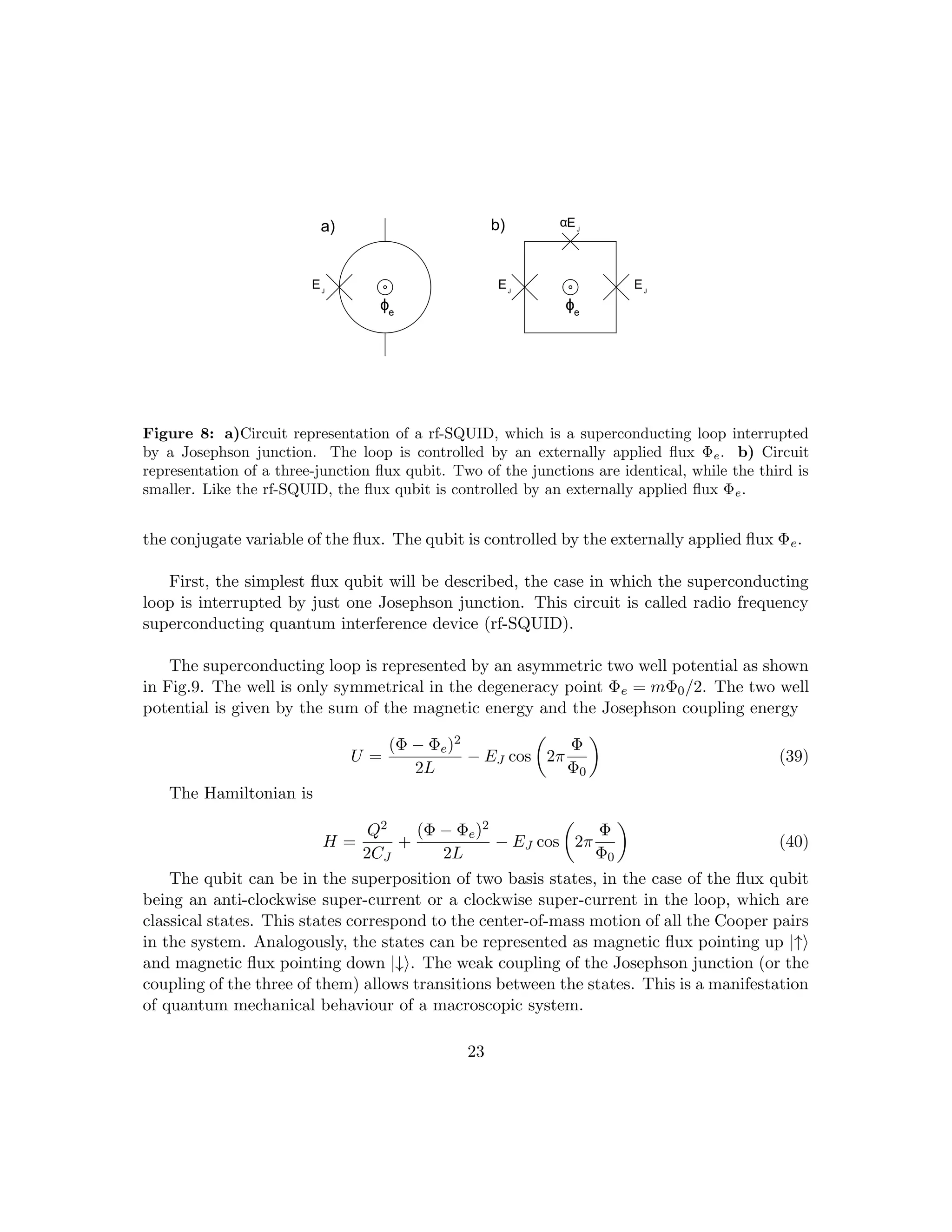 ϕe
a)
ϕe
b)
EJ
EJ
EJ
EJ
α
Figure 8: a)Circuit representation of a rf-SQUID, which is a superconducting loop interrupted
by a Josephson junction. The loop is controlled by an externally applied flux Φe. b) Circuit
representation of a three-junction flux qubit. Two of the junctions are identical, while the third is
smaller. Like the rf-SQUID, the flux qubit is controlled by an externally applied flux Φe.
the conjugate variable of the flux. The qubit is controlled by the externally applied flux Φe.
First, the simplest flux qubit will be described, the case in which the superconducting
loop is interrupted by just one Josephson junction. This circuit is called radio frequency
superconducting quantum interference device (rf-SQUID).
The superconducting loop is represented by an asymmetric two well potential as shown
in Fig.9. The well is only symmetrical in the degeneracy point Φe = mΦ0/2. The two well
potential is given by the sum of the magnetic energy and the Josephson coupling energy
U =
(Φ − Φe)2
2L
− EJ cos

2π
Φ
Φ0

(39)
The Hamiltonian is
H =
Q2
2CJ
+
(Φ − Φe)2
2L
− EJ cos

2π
Φ
Φ0

(40)
The qubit can be in the superposition of two basis states, in the case of the flux qubit
being an anti-clockwise super-current or a clockwise super-current in the loop, which are
classical states. This states correspond to the center-of-mass motion of all the Cooper pairs
in the system. Analogously, the states can be represented as magnetic flux pointing up |↑i
and magnetic flux pointing down |↓i. The weak coupling of the Josephson junction (or the
coupling of the three of them) allows transitions between the states. This is a manifestation
of quantum mechanical behaviour of a macroscopic system.
23
 