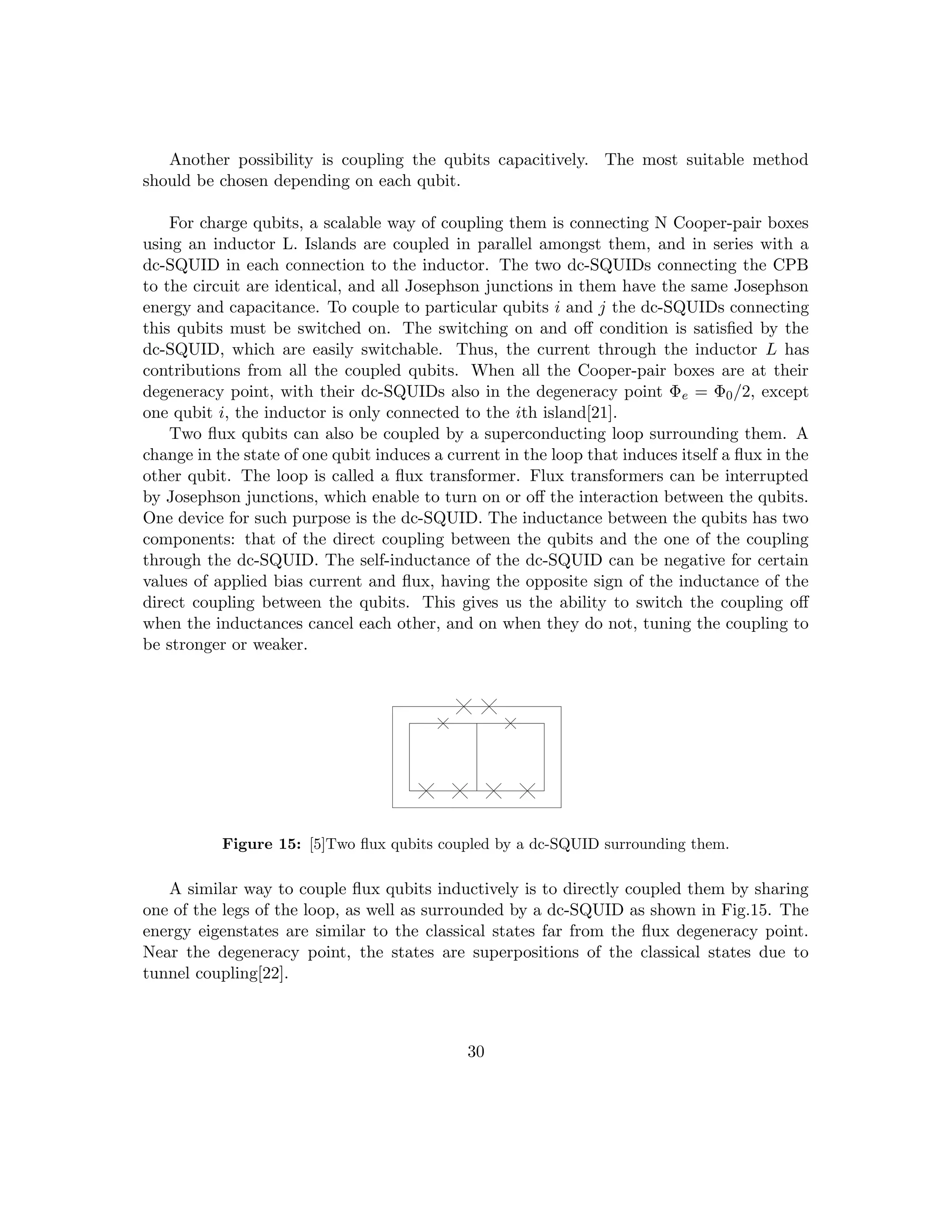 Another possibility is coupling the qubits capacitively. The most suitable method
should be chosen depending on each qubit.
For charge qubits, a scalable way of coupling them is connecting N Cooper-pair boxes
using an inductor L. Islands are coupled in parallel amongst them, and in series with a
dc-SQUID in each connection to the inductor. The two dc-SQUIDs connecting the CPB
to the circuit are identical, and all Josephson junctions in them have the same Josephson
energy and capacitance. To couple to particular qubits i and j the dc-SQUIDs connecting
this qubits must be switched on. The switching on and off condition is satisfied by the
dc-SQUID, which are easily switchable. Thus, the current through the inductor L has
contributions from all the coupled qubits. When all the Cooper-pair boxes are at their
degeneracy point, with their dc-SQUIDs also in the degeneracy point Φe = Φ0/2, except
one qubit i, the inductor is only connected to the ith island[21].
Two flux qubits can also be coupled by a superconducting loop surrounding them. A
change in the state of one qubit induces a current in the loop that induces itself a flux in the
other qubit. The loop is called a flux transformer. Flux transformers can be interrupted
by Josephson junctions, which enable to turn on or off the interaction between the qubits.
One device for such purpose is the dc-SQUID. The inductance between the qubits has two
components: that of the direct coupling between the qubits and the one of the coupling
through the dc-SQUID. The self-inductance of the dc-SQUID can be negative for certain
values of applied bias current and flux, having the opposite sign of the inductance of the
direct coupling between the qubits. This gives us the ability to switch the coupling off
when the inductances cancel each other, and on when they do not, tuning the coupling to
be stronger or weaker.
Figure 15: [5]Two flux qubits coupled by a dc-SQUID surrounding them.
A similar way to couple flux qubits inductively is to directly coupled them by sharing
one of the legs of the loop, as well as surrounded by a dc-SQUID as shown in Fig.15. The
energy eigenstates are similar to the classical states far from the flux degeneracy point.
Near the degeneracy point, the states are superpositions of the classical states due to
tunnel coupling[22].
30
 