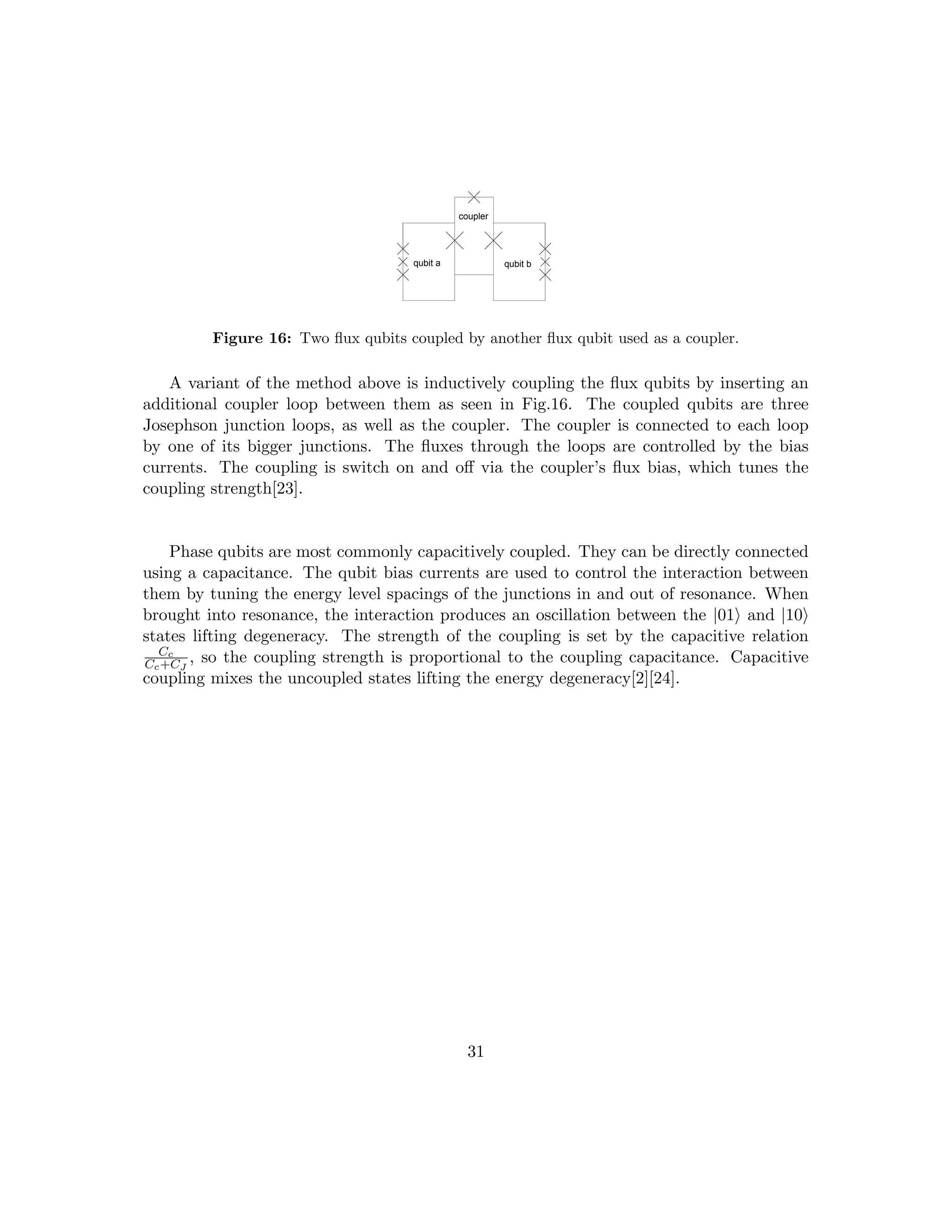 qubit a qubit b
coupler
Figure 16: Two flux qubits coupled by another flux qubit used as a coupler.
A variant of the method above is inductively coupling the flux qubits by inserting an
additional coupler loop between them as seen in Fig.16. The coupled qubits are three
Josephson junction loops, as well as the coupler. The coupler is connected to each loop
by one of its bigger junctions. The fluxes through the loops are controlled by the bias
currents. The coupling is switch on and off via the coupler’s flux bias, which tunes the
coupling strength[23].
Phase qubits are most commonly capacitively coupled. They can be directly connected
using a capacitance. The qubit bias currents are used to control the interaction between
them by tuning the energy level spacings of the junctions in and out of resonance. When
brought into resonance, the interaction produces an oscillation between the |01i and |10i
states lifting degeneracy. The strength of the coupling is set by the capacitive relation
Cc
Cc+CJ
, so the coupling strength is proportional to the coupling capacitance. Capacitive
coupling mixes the uncoupled states lifting the energy degeneracy[2][24].
31
 