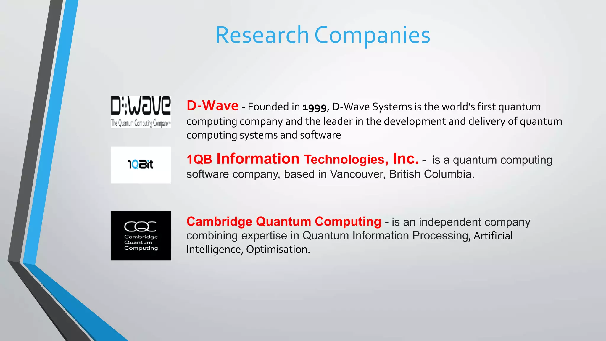 Research Companies
D-Wave - Founded in 1999, D-Wave Systems is the world's first quantum
computing company and the leader in the development and delivery of quantum
computing systems and software
1QB Information Technologies, Inc. - is a quantum computing
software company, based in Vancouver, British Columbia.
Cambridge Quantum Computing - is an independent company
combining expertise in Quantum Information Processing, Artificial
Intelligence, Optimisation.
 