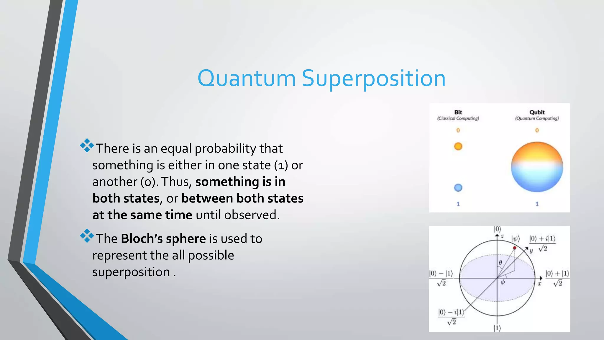Quantum Superposition
There is an equal probability that
something is either in one state (1) or
another (0).Thus, something is in
both states, or between both states
at the same time until observed.
The Bloch’s sphere is used to
represent the all possible
superposition .
 