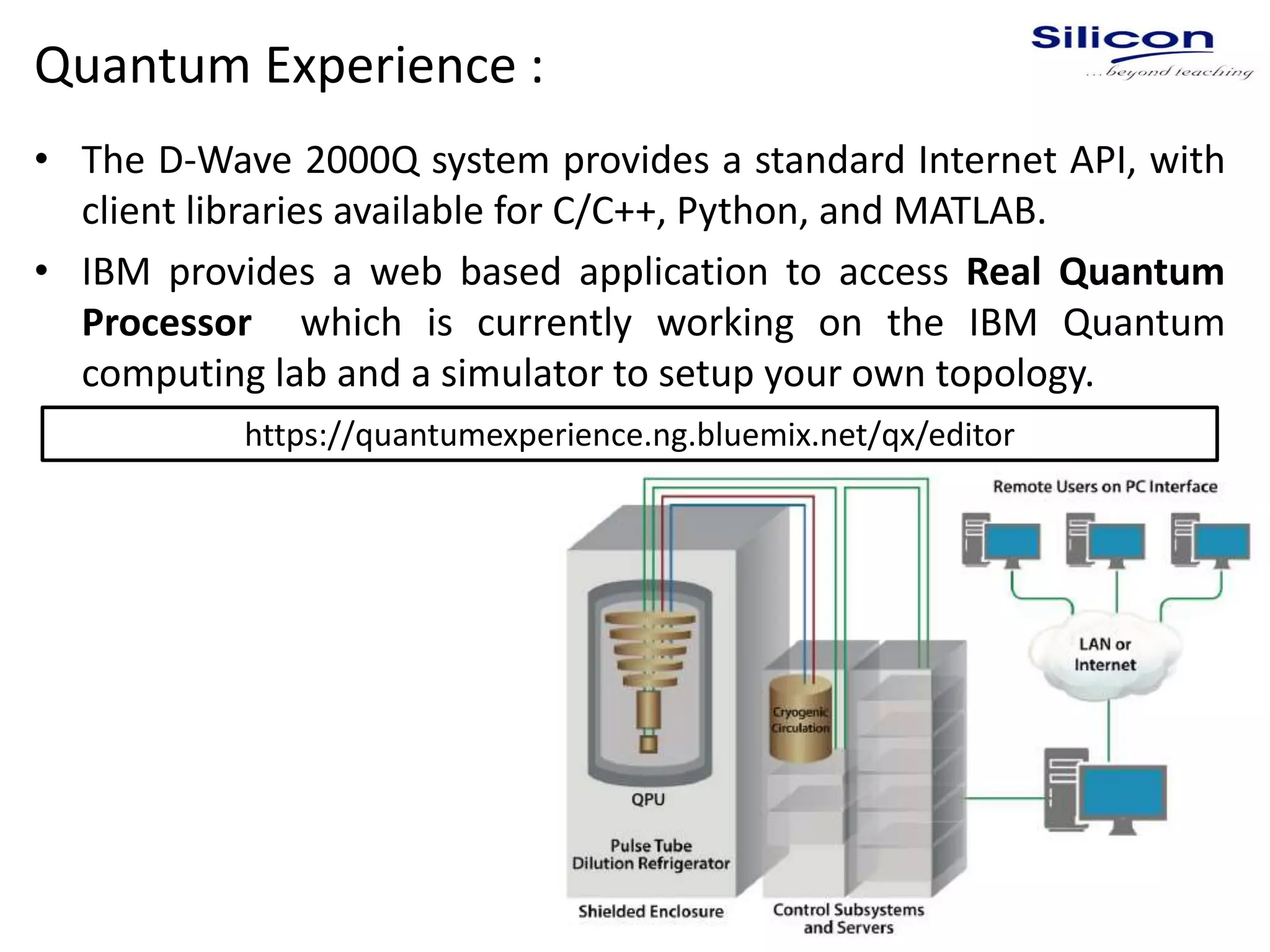 Quantum Experience :
• The D-Wave 2000Q system provides a standard Internet API, with
client libraries available for C/C++, Python, and MATLAB.
• IBM provides a web based application to access Real Quantum
Processor which is currently working on the IBM Quantum
computing lab and a simulator to setup your own topology.
https://quantumexperience.ng.bluemix.net/qx/editor
 