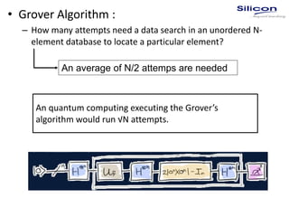 • Grover Algorithm :
– How many attempts need a data search in an unordered N-
element database to locate a particular element?
An average of N/2 attemps are needed
An quantum computing executing the Grover’s
algorithm would run √N attempts.
 