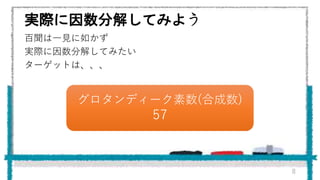 実際に因数分解してみよう
百聞は一見に如かず
実際に因数分解してみたい
ターゲットは、、、
8
グロタンディーク素数(合成数)
57
 