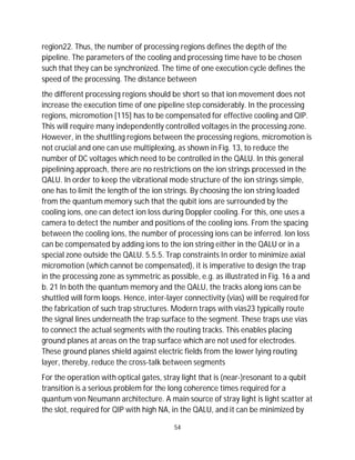 54
region22. Thus, the number of processing regions defines the depth of the
pipeline. The parameters of the cooling and processing time have to be chosen
such that they can be synchronized. The time of one execution cycle defines the
speed of the processing. The distance between
the different processing regions should be short so that ion movement does not
increase the execution time of one pipeline step considerably. In the processing
regions, micromotion [115] has to be compensated for effective cooling and QIP.
This will require many independently controlled voltages in the processing zone.
However, in the shuttling regions between the processing regions, micromotion is
not crucial and one can use multiplexing, as shown in Fig. 13, to reduce the
number of DC voltages which need to be controlled in the QALU. In this general
pipelining approach, there are no restrictions on the ion strings processed in the
QALU. In order to keep the vibrational mode structure of the ion strings simple,
one has to limit the length of the ion strings. By choosing the ion string loaded
from the quantum memory such that the qubit ions are surrounded by the
cooling ions, one can detect ion loss during Doppler cooling. For this, one uses a
camera to detect the number and positions of the cooling ions. From the spacing
between the cooling ions, the number of processing ions can be inferred. Ion loss
can be compensated by adding ions to the ion string either in the QALU or in a
special zone outside the QALU. 5.5.5. Trap constraints In order to minimize axial
micromotion (which cannot be compensated), it is imperative to design the trap
in the processing zone as symmetric as possible, e.g. as illustrated in Fig. 16 a and
b. 21 In both the quantum memory and the QALU, the tracks along ions can be
shuttled will form loops. Hence, inter-layer connectivity (vias) will be required for
the fabrication of such trap structures. Modern traps with vias23 typically route
the signal lines underneath the trap surface to the segment. These traps use vias
to connect the actual segments with the routing tracks. This enables placing
ground planes at areas on the trap surface which are not used for electrodes.
These ground planes shield against electric fields from the lower lying routing
layer, thereby, reduce the cross-talk between segments
For the operation with optical gates, stray light that is (near-)resonant to a qubit
transition is a serious problem for the long coherence times required for a
quantum von Neumann architecture. A main source of stray light is light scatter at
the slot, required for QIP with high NA, in the QALU, and it can be minimized by
 