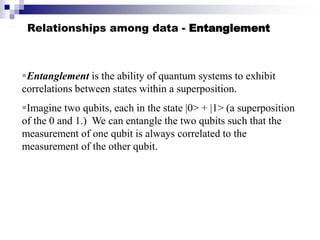 Relationships among data - Entanglement
Entanglement is the ability of quantum systems to exhibit
correlations between states within a superposition.
Imagine two qubits, each in the state |0> + |1> (a superposition
of the 0 and 1.) We can entangle the two qubits such that the
measurement of one qubit is always correlated to the
measurement of the other qubit.
 