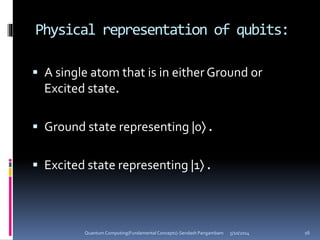 Physical representation of qubits:
 A single atom that is in either Ground or
Excited state.
 Ground state representing |0 .
 Excited state representing |1 .
5/10/2014Quantum Computing(Fundamental Concepts)-Sendash Pangambam 16
 