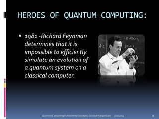 HEROES OF QUANTUM COMPUTING:
 1981 -Richard Feynman
determines that it is
impossible to efficiently
simulate an evolution of
a quantum system on a
classical computer.
5/10/2014Quantum Computing(Fundamental Concepts)-Sendash Pangambam 29
 