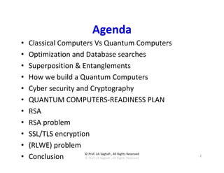 © Prof. Lili Saghafi , All Rights Reserved
2
Agenda
• Classical Computers Vs Quantum Computers
• Optimization and Database searches
• Superposition & Entanglements
• How we build a Quantum Computers
• Cyber security and Cryptography
• QUANTUM COMPUTERS-READINESS PLAN
• RSA
• RSA problem
• SSL/TLS encryption
• (RLWE) problem
• Conclusion 2
 
