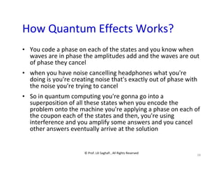 © Prof. Lili Saghafi , All Rights Reserved
28
How Quantum Effects Works?
• You code a phase on each of the states and you know when
waves are in phase the amplitudes add and the waves are out
of phase they cancel
• when you have noise cancelling headphones what you're
doing is you're creating noise that's exactly out of phase with
the noise you're trying to cancel
• So in quantum computing you're gonna go into a
superposition of all these states when you encode the
problem onto the machine you're applying a phase on each of
the coupon each of the states and then, you're using
interference and you amplify some answers and you cancel
other answers eventually arrive at the solution
 