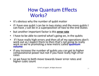 © Prof. Lili Saghafi , All Rights Reserved
29
How Quantum Effects
Works?
• it's obvious why the number of qubit matter
• if I have one qubit I can be in two states and the more qubits I
can have ,I can be in a superposition of two to the end States
• but another important factor is this error rate
• I have to be able to control what's going on, in the qubits
• if I have really high errors and then all of my operations don't
work out as I expect them to then that's not going to really
work so we're promoting a new metric called quantum
volume
• if you increase the number of qubits you can get to higher
computational power but not if you have really high error
rates
• so we have to both move towards lower error rates and
higher cubic count
 
